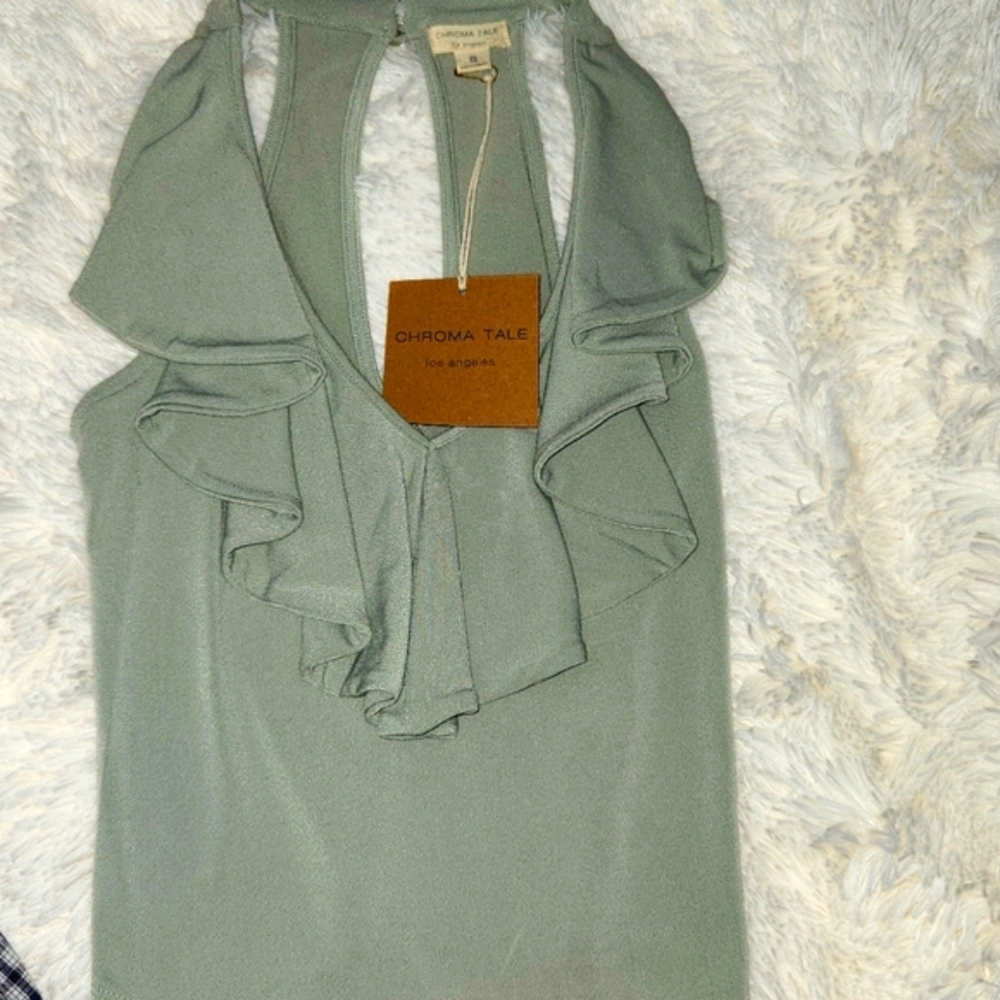 Chroma Tale Light Gray / green Ruffle Top